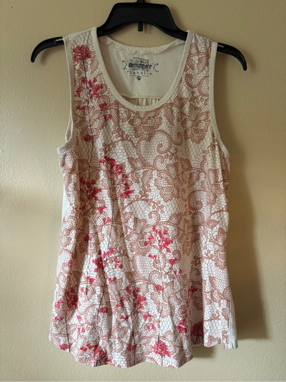 Sahalie Floral Tank Top Sleeveless Red Cream Cotton Boho Cottagecore L